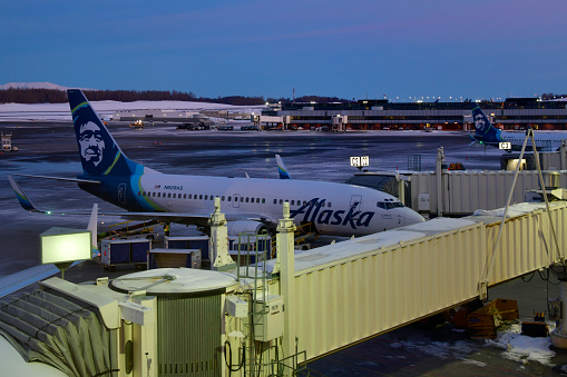 Anchorage, Alaska, USA: Alaska Airlines Boeing 737-790 NG, N609AS, MSN 29752 - passenger boarding bridges at Ted Stevens Anchorage International Airport - at dawn.