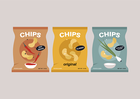 A collection of potato chips in plastic bags with different flavors, unhealthy snacks