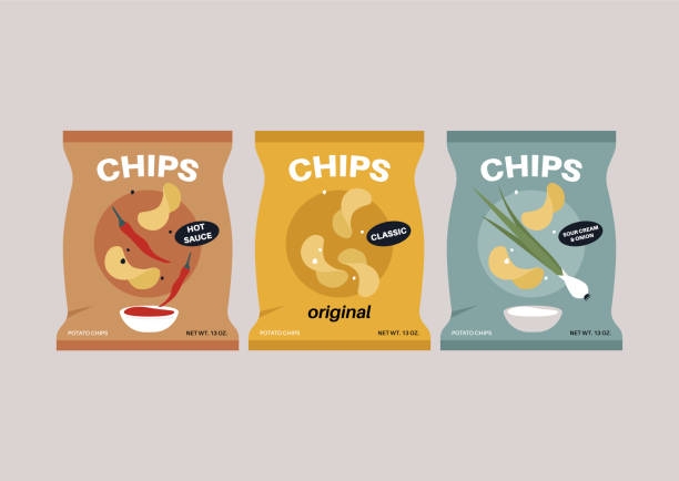 A collection of potato chips in plastic bags with different flavors, unhealthy snacks A collection of potato chips in plastic bags with different flavors, unhealthy snacks potato chip stock illustrations