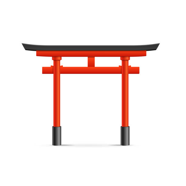 Realistic Detailed 3d Japanese Traditional Red Torii Gate. Vector Realistic Detailed 3d Japanese Traditional Red Torii Gate Isolated on a White Background. Vector illustration of Itsukushima Landmark shinto stock illustrations