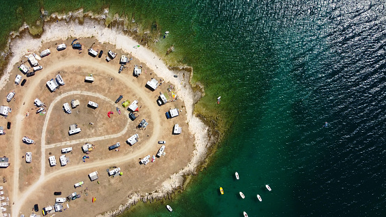 High aerial drone view of Adriatic sea scape at summertime season.