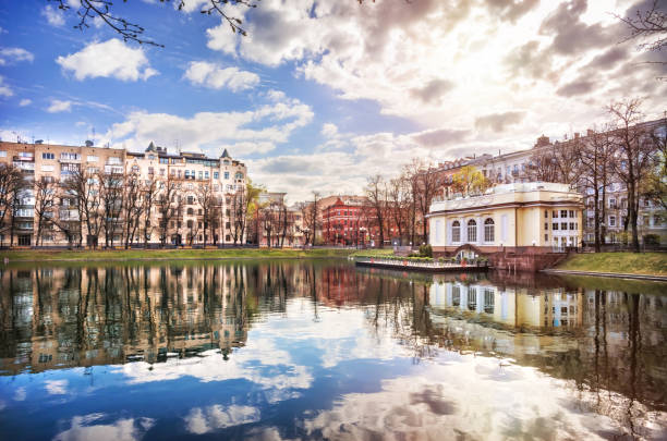 Pavilion with reflection and Patriarch's Ponds in Moscow