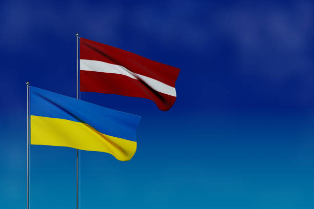 istock 3d render flag Ukraine and Latvia with place for text or design 1403114650