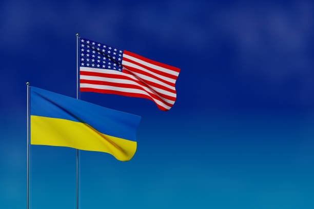 istock 3d render flag Ukraine and USA with place for text or design 1403114651