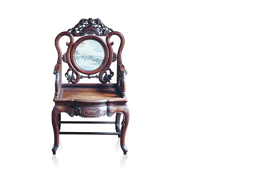 antique brown wooden and marble chair on white background, vintage, retro, object, furniture, copy space