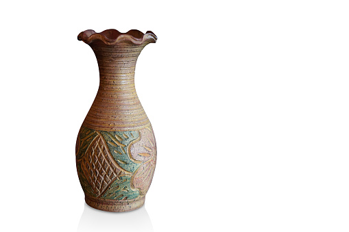 antique brown and green pottery vase on white background, vintage, object, retro, ancient, copy space