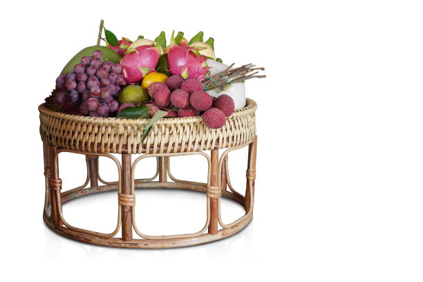 istock auspicious fruit, lychee, purple grape, grapefruit, coconut, pitaya fruit, green banana, orange placed on a wooden tray on white background, fruit, object, copy space 1403116707