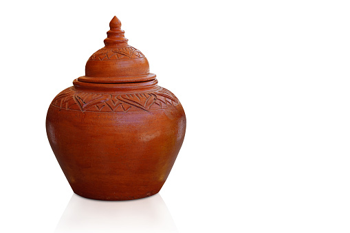 brown clay pot and brown lid on white background, vintage, object, furniture, comfortable, copy space