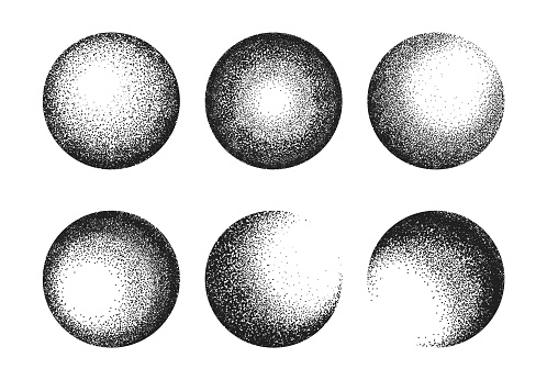 Geometric Dotwork Hand Drawn Black Spheres Set. Vector illustration of Abstract Shape Halftone Engraved Ball