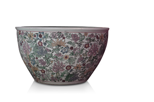 colorful flower ceramic pot on a white background, retro, vintage, object, decor, fashion, copy space