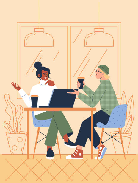 Couple or friends chatting in coffee shop or cafe, flat vector illustration. Young couple or friends chatting sitting at table in coffee shop or cafe, flat vector illustration. Young modern people of generation z or millennials lifestyle. meeting at cafe stock illustrations