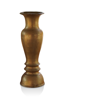 old brass vase on white background, object, decor, keep, water, decoration, copy space