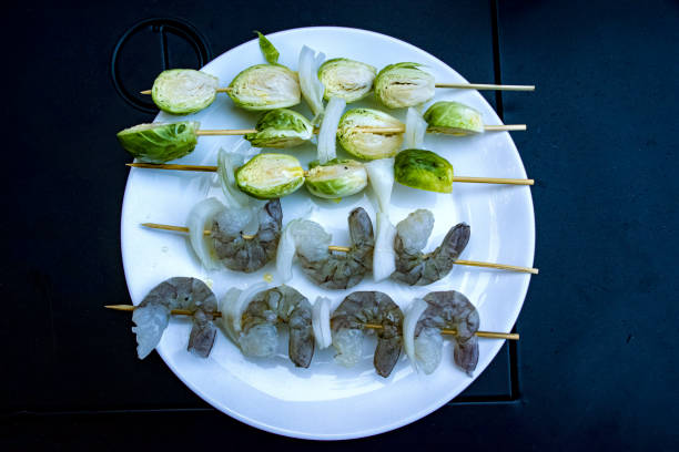 Brussels Sprouts and Shrimp Skewers ready for the Grill stock photo