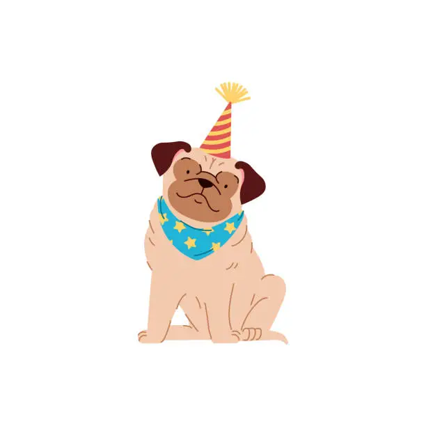 Vector illustration of Cute pug in red and yellow cone party hat flat style, vector illustration