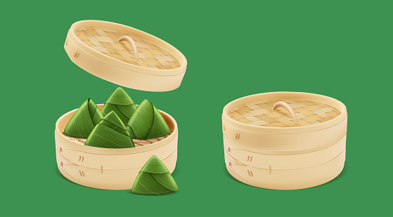 Realistic Detailed 3d Bamboo Steamer with Lid and Rice Dumplings Set Open and Closed View Dragon Boat Festival Concept . Vector illustration of Zongzi