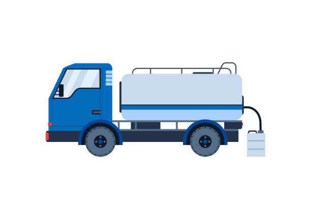 Truck delivers drinking water to regions with water scarcity, flat vector illustration isolated on white background. Truck delivers drinking water to regions with water scarcity, flat vector illustration isolated on white background. Water delivery concept. Climate change and drought problems. tank truck stock illustrations