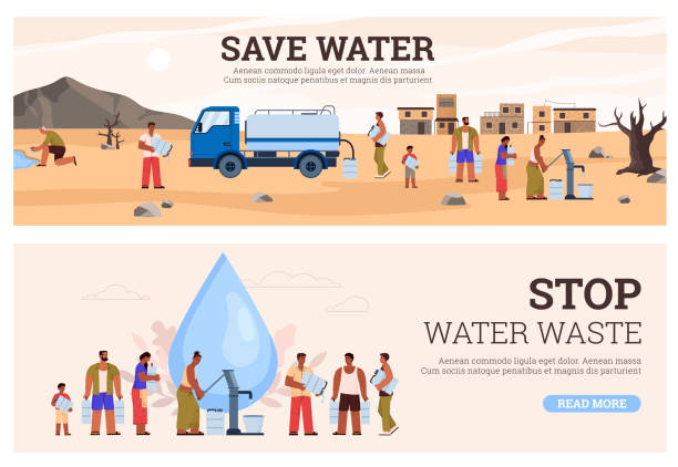 Water waste and scarcity posters set, flat vector illustration. Water waste and scarcity posters set, flat vector illustration. People fill drinking water from the pump and truck, washing hands in puddle. Banners with concepts of climate change and drought. malnourished stock illustrations