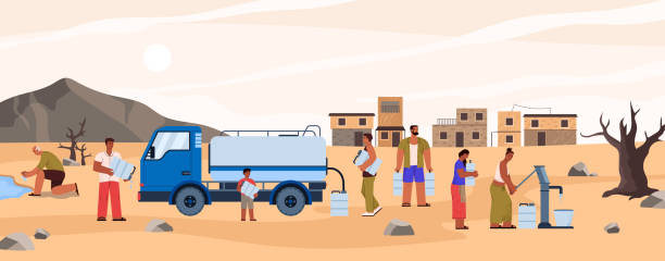 ilustrações, clipart, desenhos animados e ícones de as pessoas sofrem de escassez de água em terras secas da áfrica, ilustração de vetores planos. - scarcity