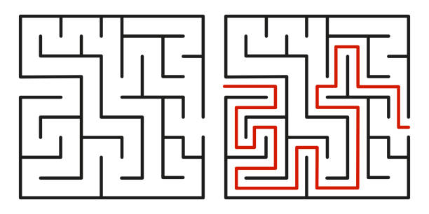 illustrazioni stock, clip art, cartoni animati e icone di tendenza di labirinto astratto. trova la strada giusta. isolato semplice labirinto quadrato linea nera su sfondo bianco. illustrazione vettoriale. - ear exam