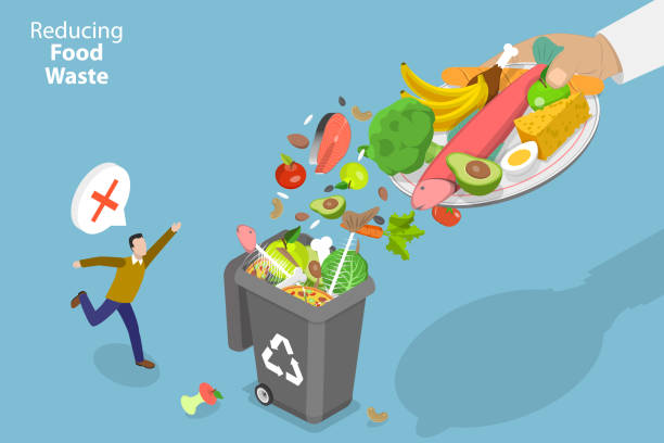 illustrazioni stock, clip art, cartoni animati e icone di tendenza di illustrazione concettuale vettoriale piatta isometrica 3d per ridurre gli sprechi alimentari - spreco alimentare