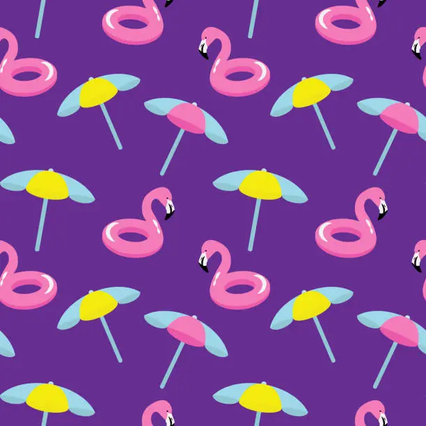 Vector illustration of flamingo lifebuoys on swimming pool background. Editable vector illustration wallpaper for textile. Beach umbrella