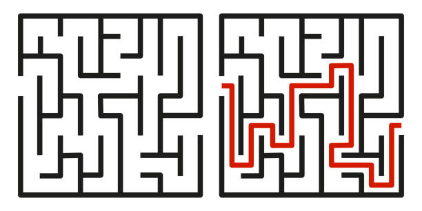 illustrazioni stock, clip art, cartoni animati e icone di tendenza di labirinto astratto. trova la strada giusta. isolato semplice labirinto quadrato linea nera su sfondo bianco. illustrazione vettoriale. - ear exam