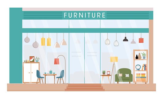 Furniture store facade. Modern furniture shop Vector illustration. Retail trail. Shop window with table, chairs, armshair, lamps, wardrobe, home decor. Front view of furniture store.