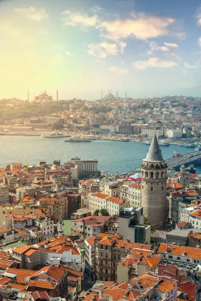 Aerial view of Istanbul's Galata district. Galata Tower in the foreground, Bosphorus, Golden Horn and Historical peninsula in the back.