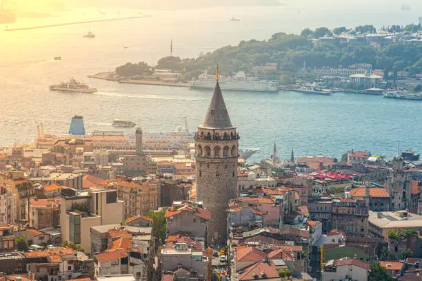 Aerial view of Istanbul's Galata district. Galata Tower in the foreground, Bosphorus, Golden Horn and Historical peninsula in the back.