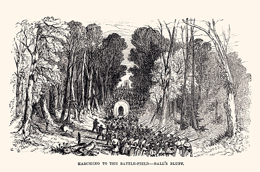 Marching to the Battlefied ( Ball's Bluff).Vintage engraving circa late 19th century. Digital restoration by Pictore. Ball’s Bluff Battlefield in Leesburg, Virginia.