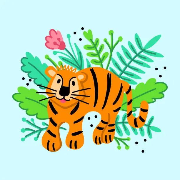 Vector illustration of Clip art of a striped tiger in flowers and leaves