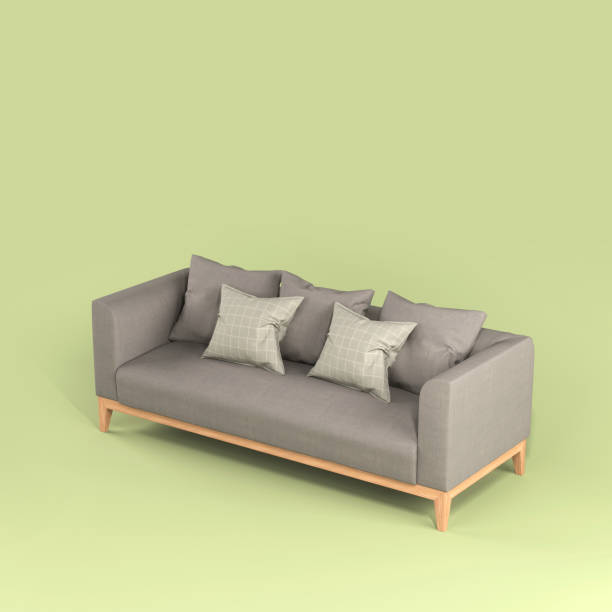 istock Modern scandinavian gray fabric sofa with soft pillows on wooden legs on light green background flat lay side view. Furniture, single piece of interior object. Stylish trendy couch 1403128801