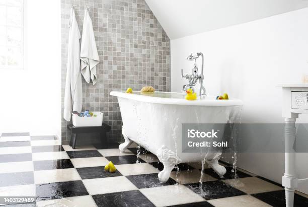 Wet Bathroom Stock Photo - Download Image Now - Overflowing, Bathtub, Water