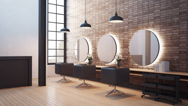 loft modernes saloninterieur - 3d-rendering - schönheitssalon stock-fotos und bilder