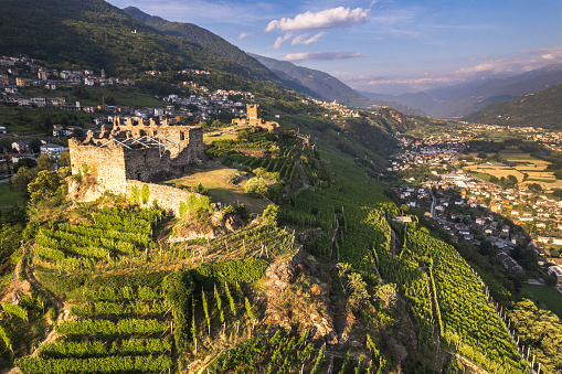 Aerial view of landscape of Valtellina with his vineyards, Grumello, Lombardy.
