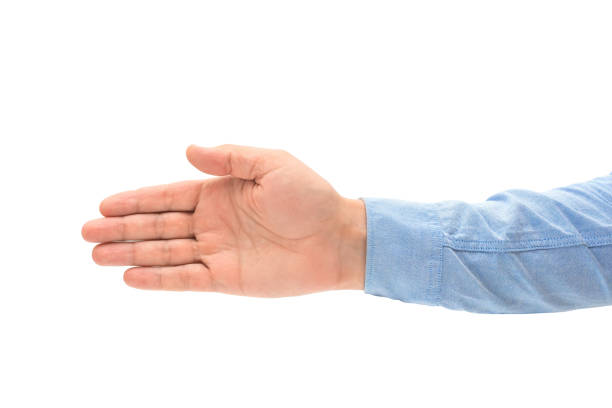 istock Male hand with handshake gesture isolated on white 1403133353