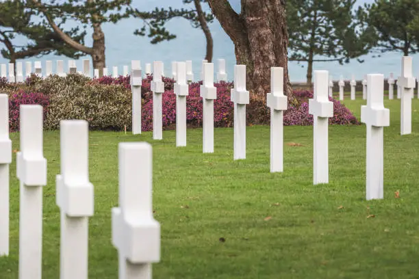 Photo of American War Cemetery at Omaha Beach, Normandy,Colleville-sur-Mer. Normandy, France - Jun 2022