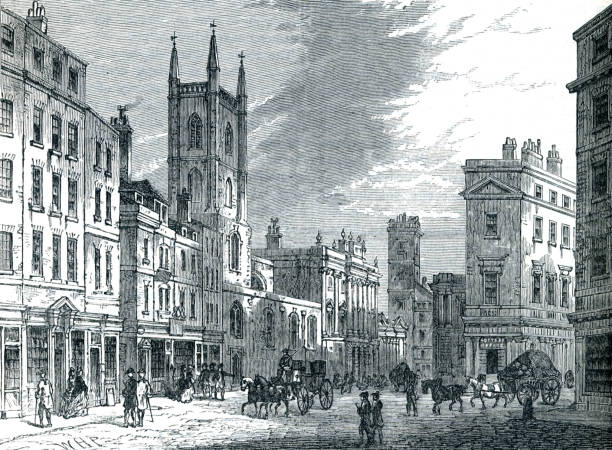 the old bank looking from mansion house 1730s - bank of england stock illustrations
