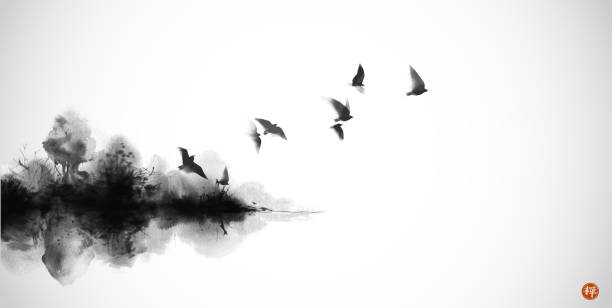 istock Black ink wash painting with flock of birds flying above the island with forest trees. Traditional Japanese ink wash painting sumi-e. Translation of hieroglyph - zen 1403135708