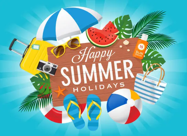 Vector illustration of Happy Summer Holidays with beach summer accessories.