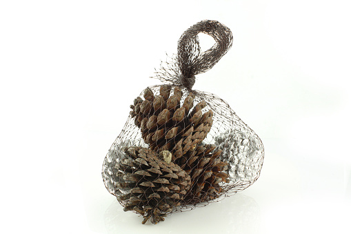 Holidays decoration pine cones in net bag isolated on white background