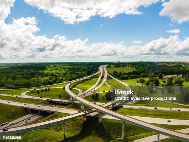 Aerial Flyover Overpass Traffic View In Midwest Usa Highway Transportation Photo Series Stock Photo - Download Image Now