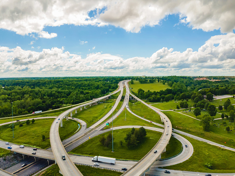 Rush Hour Suburban Highway Traffic Aerial Flyover Overpass Traffic View in Midwest USA Highway Transportation Infrastructure Springfield Missouri Photo Series Matching Video Available