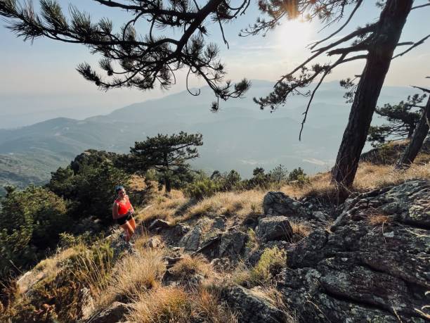 istock Young woman hikes up arid mountain side through forest 1403141044