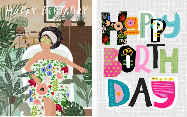 Vector illustration of Happy birthday! Vector cute illustrations of a woman with a bouquet of flowers, a spa treatment in the bathroom and a portrait in sunglasses for a card for the holiday of a woman or a girl.