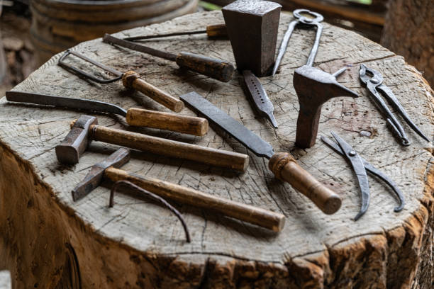Tools in an old metalworking workshop stock photo