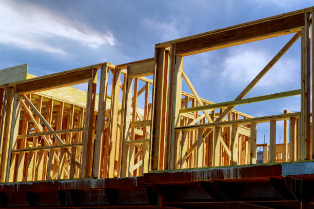 istock Panorama top view of stick built home under construction with timber frame wooden truss, post 1403145533