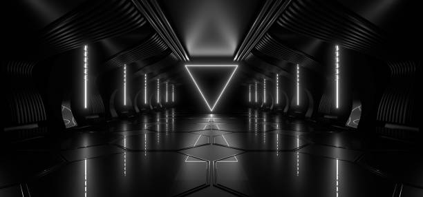 istock A dark tunnel lit by white neon lights. Reflections on the floor and walls. 3d rendering image. 1403148760