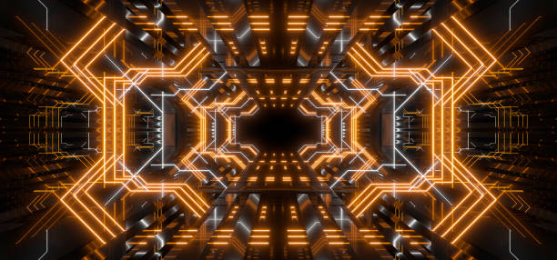 istock Sci Fy neon lamps in a dark corridor. Reflections on the floor and walls. 3d rendering image. 1403149296