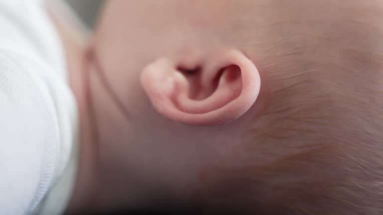 Close up of small newborn infant baby ear